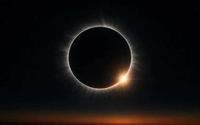 Diamond ring effect at second contact with the last burst of sunlight before totality